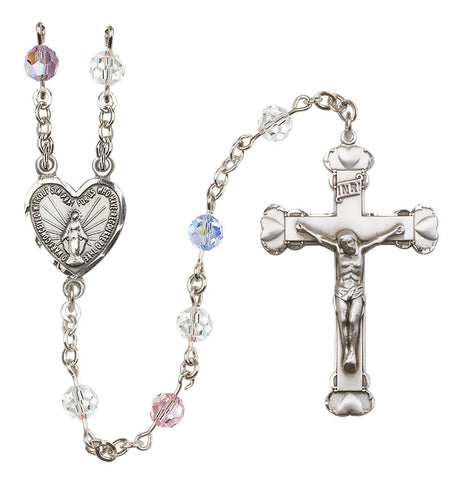 Sterling Silver Heart Miraculous Medal Rosary with 6 mm Austrian Crystal Beads