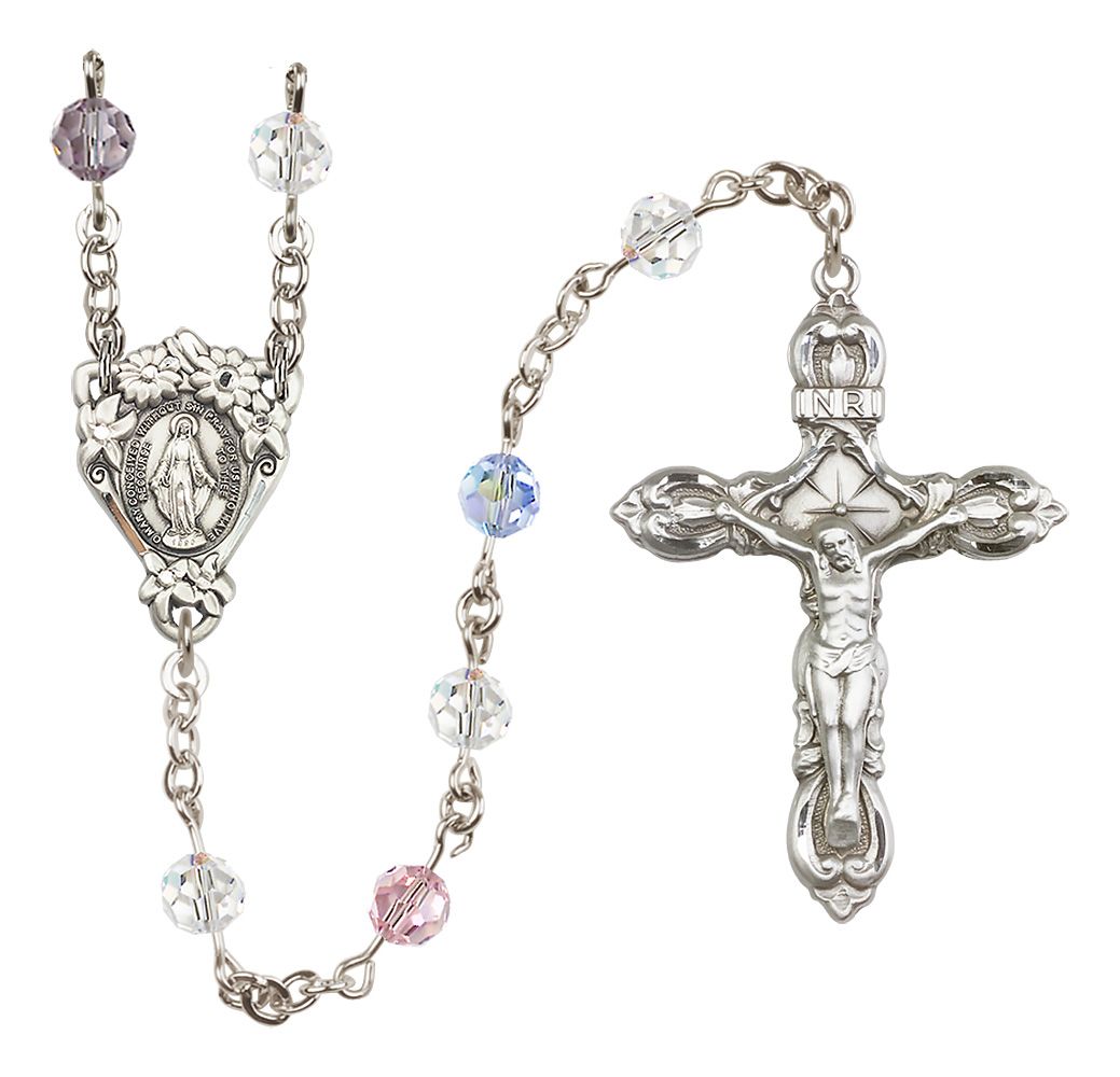 Sterling Silver Floral Miraculous Medal Rosary with 6 mm Austrian Crystal Beads