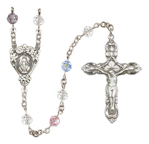 Sterling Silver Floral Miraculous Medal Rosary with 6 mm Austrian Crystal Beads