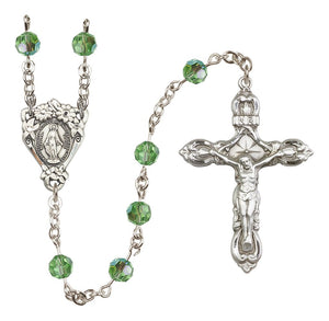 Sterling Silver Floral Miraculous Medal Rosary with 6 mm Austrian Crystal Beads