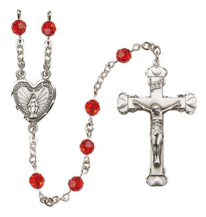 Sterling Silver Heart Miraculous Medal Rosary with 6 mm Austrian Crystal Beads