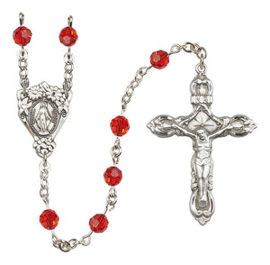 Sterling Silver Floral Miraculous Medal Rosary with 6 mm Austrian Crystal Beads