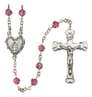 Sterling Silver Heart Miraculous Medal Rosary with 6 mm Austrian Crystal Beads