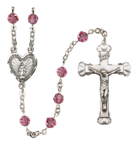 Sterling Silver Heart Miraculous Medal Rosary with 6 mm Austrian Crystal Beads
