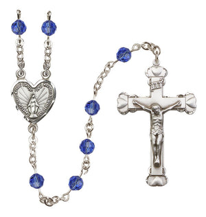 Sterling Silver Heart Miraculous Medal Rosary with 6 mm Austrian Crystal Beads