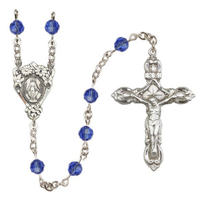 Sterling Silver Floral Miraculous Medal Rosary with 6 mm Austrian Crystal Beads