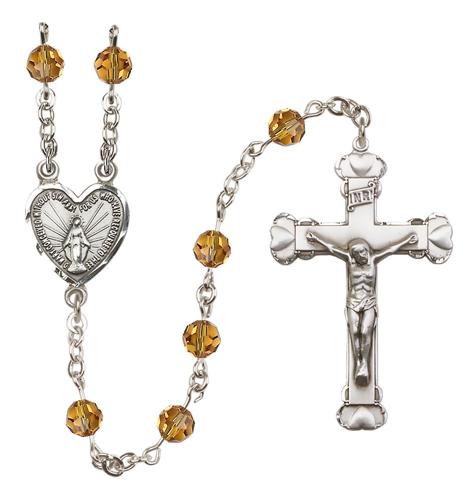 Sterling Silver Heart Miraculous Medal Rosary with 6 mm Austrian Crystal Beads