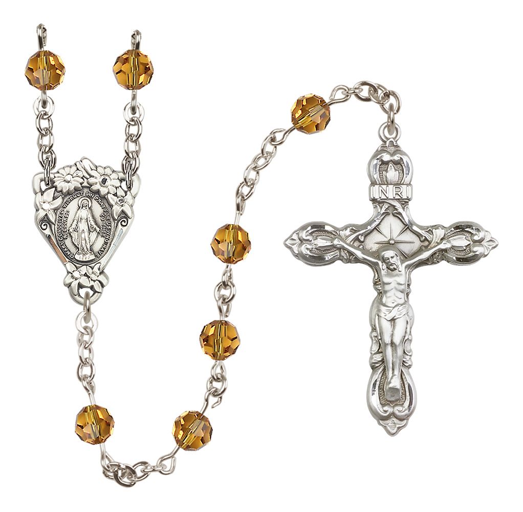 Sterling Silver Floral Miraculous Medal Rosary with 6 mm Austrian Crystal Beads