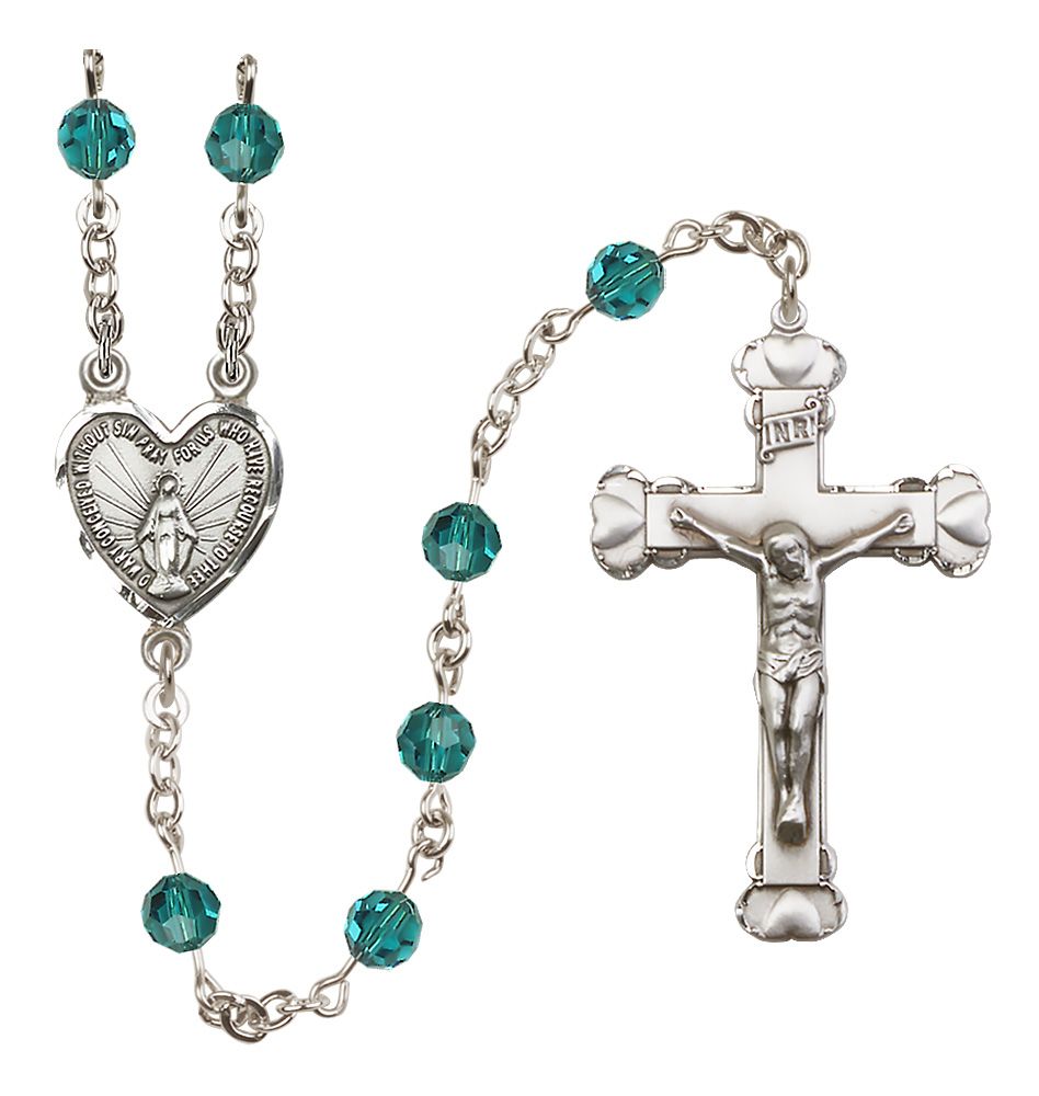 Sterling Silver Heart Miraculous Medal Rosary with 6 mm Austrian Crystal Beads