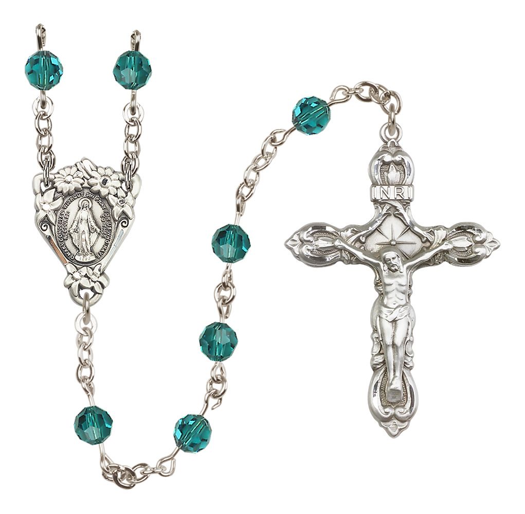 Sterling Silver Floral Miraculous Medal Rosary with 6 mm Austrian Crystal Beads