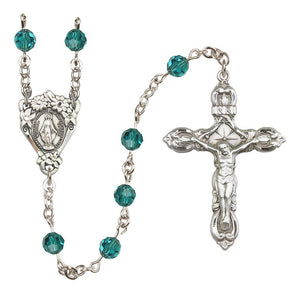 Sterling Silver Floral Miraculous Medal Rosary with 6 mm Austrian Crystal Beads