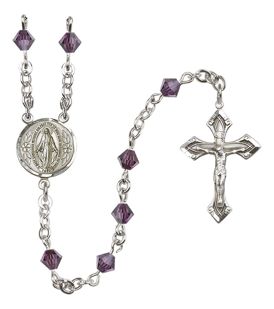 Sterling Silver Miraculous Medal Rosary with 5 mm Austrian Crystal Beads