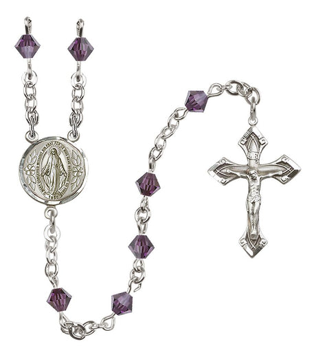 Sterling Silver Miraculous Medal Rosary with 5 mm Austrian Crystal Beads