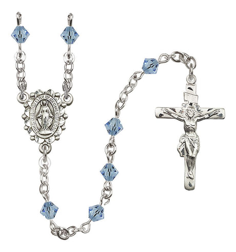 Sterling Silver Miraculous Medal Rosary with 5 mm Austrian Crystal Beads