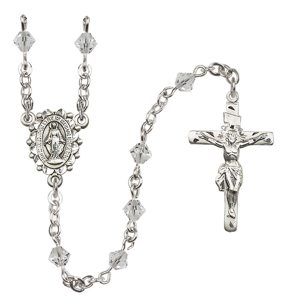 Sterling Silver Miraculous Medal Rosary with 5 mm Austrian Crystal Beads