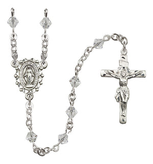 Sterling Silver Miraculous Medal Rosary with 5 mm Austrian Crystal Beads