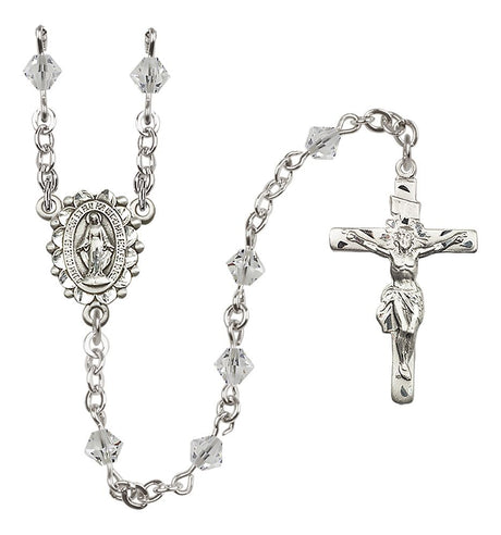 Sterling Silver Miraculous Medal Rosary with 5 mm Austrian Crystal Beads