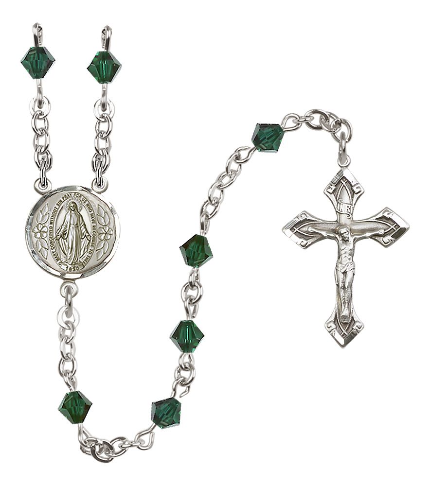 Sterling Silver Miraculous Medal Rosary with 5 mm Austrian Crystal Beads