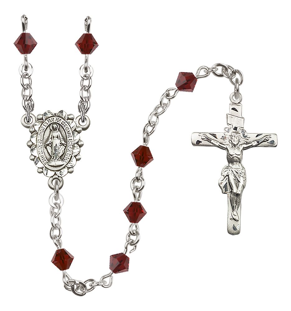 Sterling Silver Miraculous Medal Rosary with 5 mm Austrian Crystal Beads