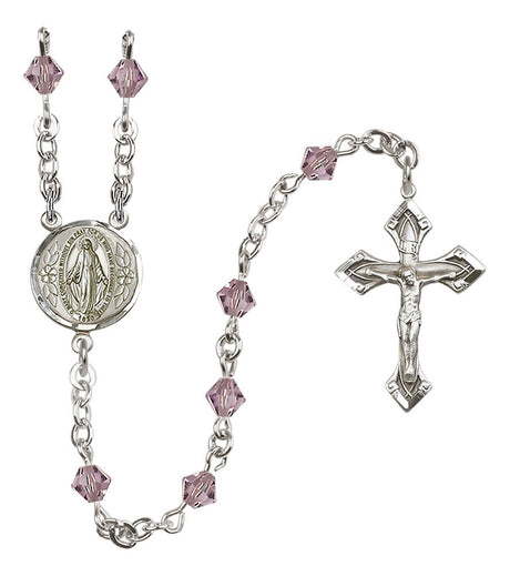 Sterling Silver Miraculous Medal Rosary with 5 mm Austrian Crystal Beads