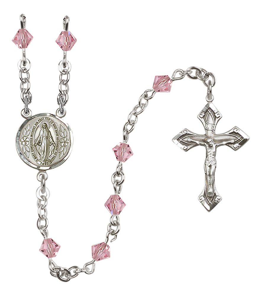 Sterling Silver Miraculous Medal Rosary with 5 mm Austrian Crystal Beads