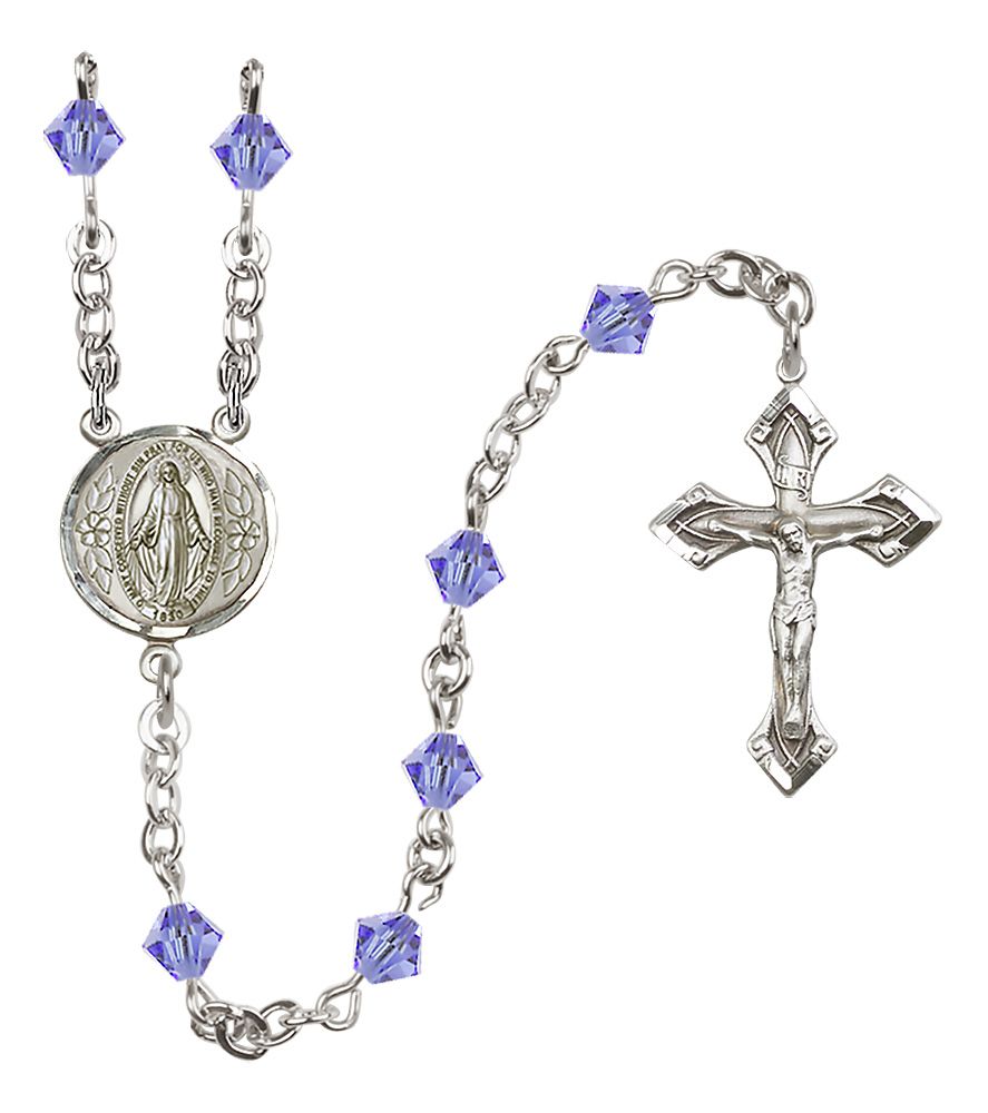 Sterling Silver Miraculous Medal Rosary with 5 mm Austrian Crystal Beads