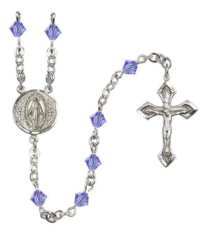 Sterling Silver Miraculous Medal Rosary with 5 mm Austrian Crystal Beads