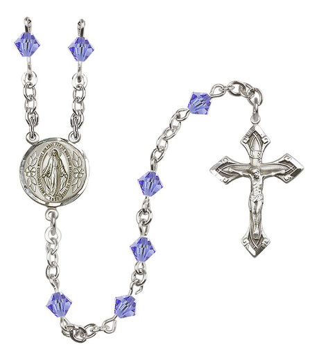 Sterling Silver Miraculous Medal Rosary with 5 mm Austrian Crystal Beads