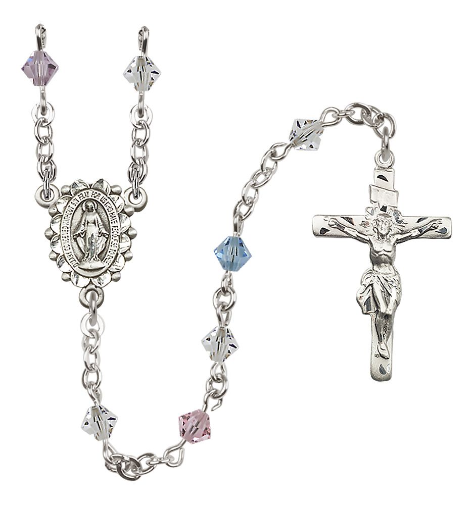 Sterling Silver Miraculous Medal Rosary with 5 mm Austrian Crystal Beads
