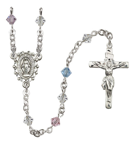 Sterling Silver Miraculous Medal Rosary with 5 mm Austrian Crystal Beads