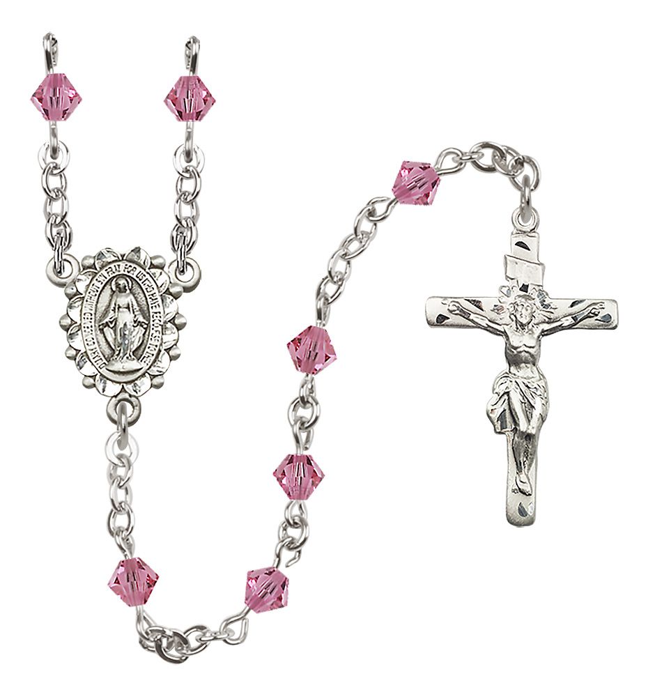 Sterling Silver Miraculous Medal Rosary with 5 mm Austrian Crystal Beads