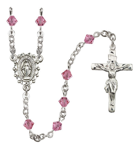 Sterling Silver Miraculous Medal Rosary with 5 mm Austrian Crystal Beads