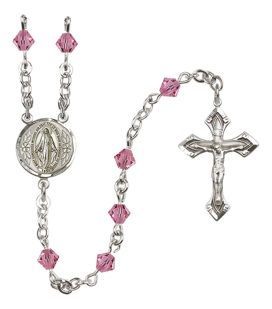 Sterling Silver Miraculous Medal Rosary with 5 mm Austrian Crystal Beads