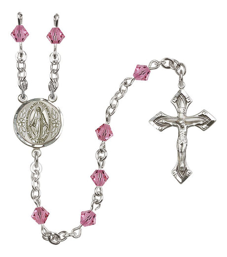 Sterling Silver Miraculous Medal Rosary with 5 mm Austrian Crystal Beads