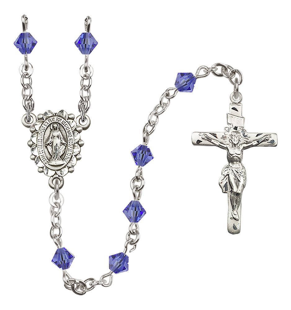 Sterling Silver Miraculous Medal Rosary with 5 mm Austrian Crystal Beads