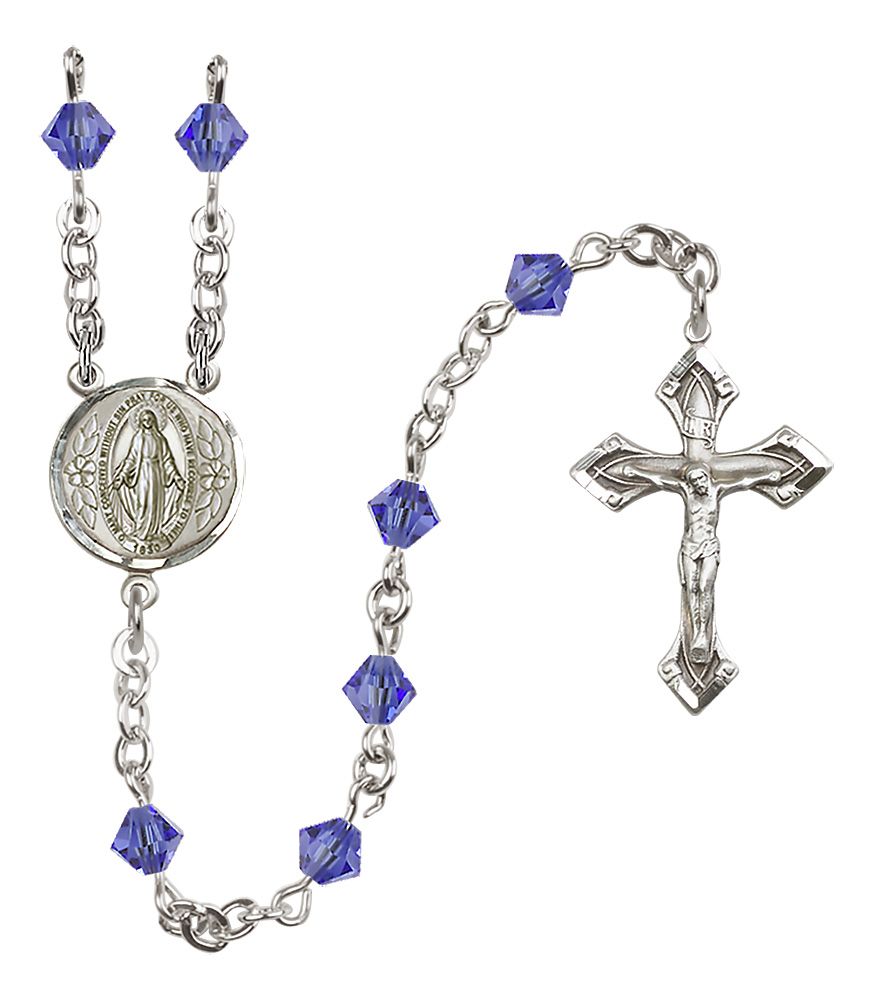 Sterling Silver Miraculous Medal Rosary with 5 mm Austrian Crystal Beads