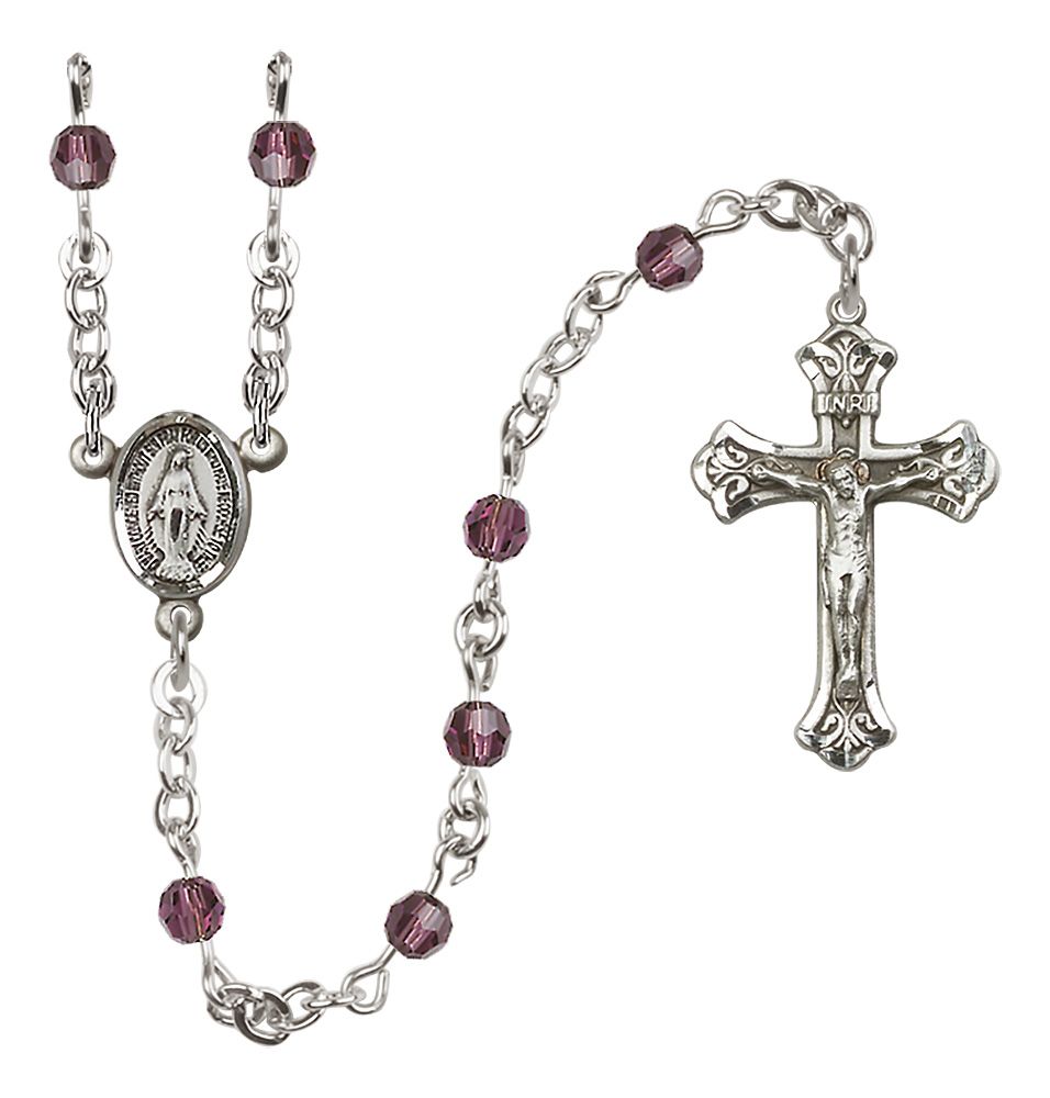 Miraculous Medal Birthstone Rosary, Sterling Silver & 4mm Crystal Beads
