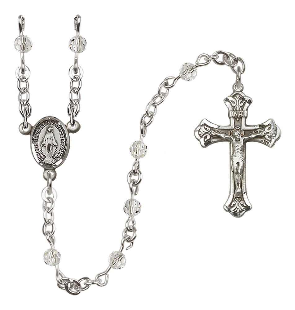 Miraculous Medal Birthstone Rosary, Sterling Silver & 4mm Crystal Beads