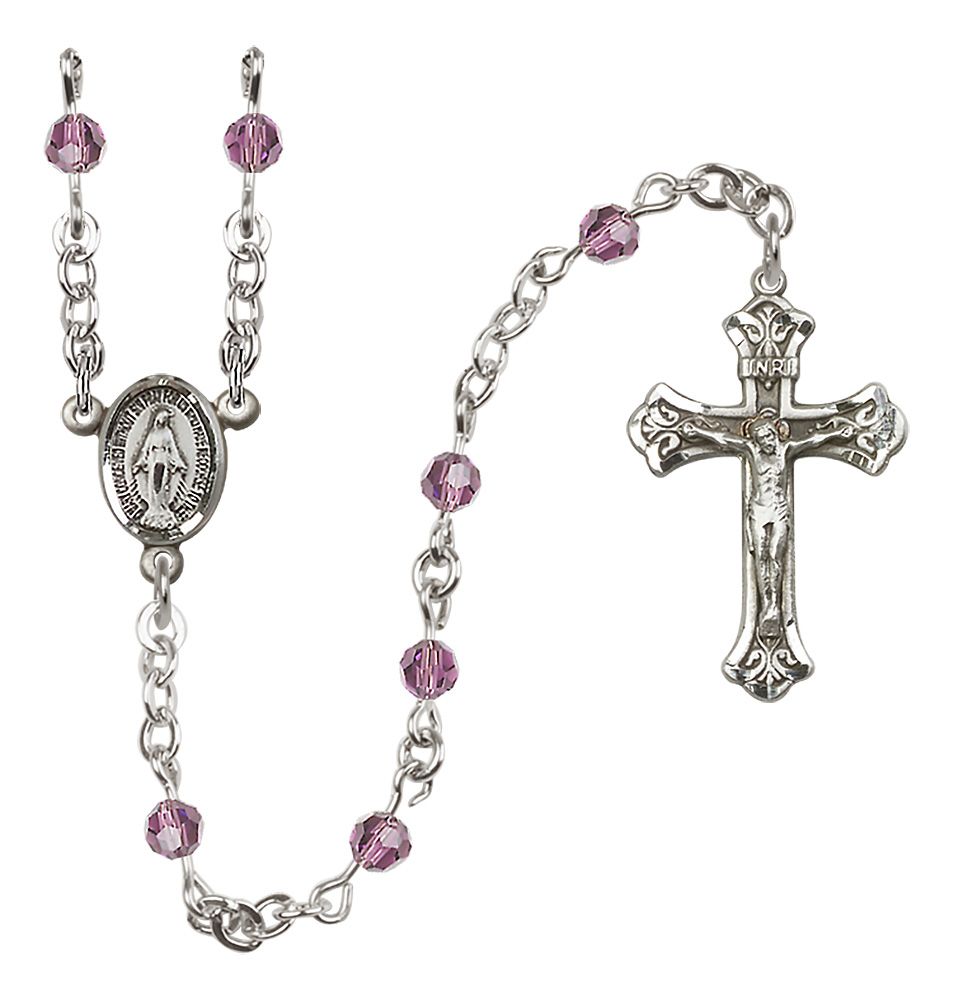 Miraculous Medal Birthstone Rosary, Sterling Silver & 4mm Crystal Beads