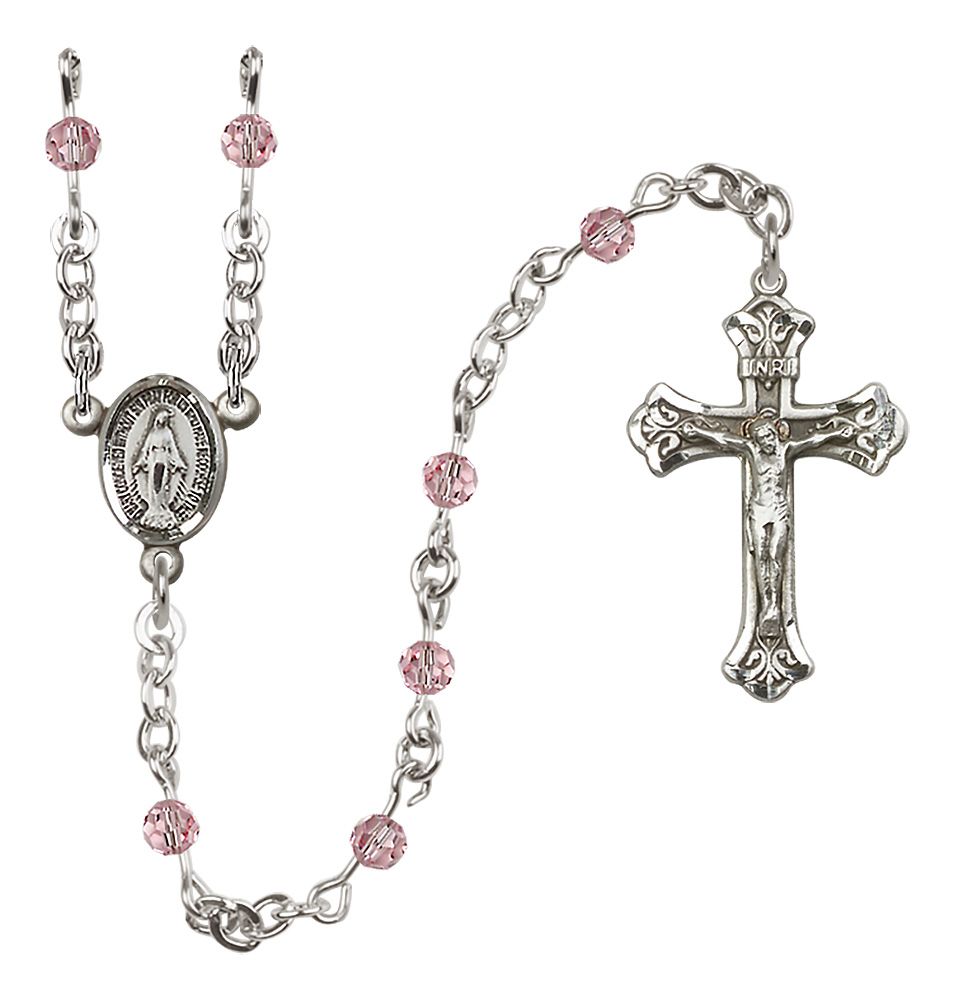 Miraculous Medal Birthstone Rosary, Sterling Silver & 4mm Crystal Beads