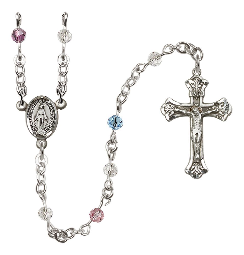 Miraculous Medal Birthstone Rosary, Sterling Silver & 4mm Crystal Beads