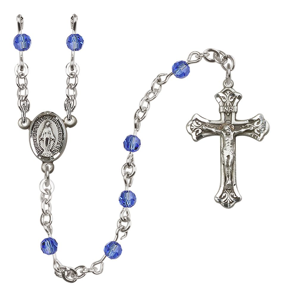 Miraculous Medal Birthstone Rosary, Sterling Silver & 4mm Crystal Beads