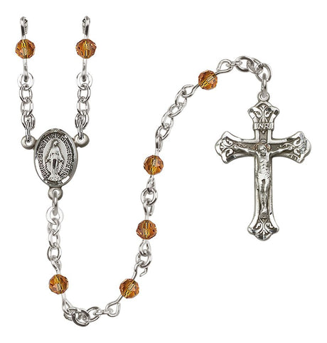 Miraculous Medal Birthstone Rosary, Sterling Silver & 4mm Crystal Beads