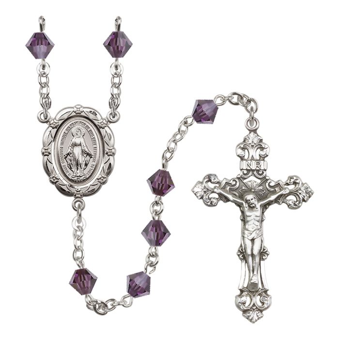 Sterling Silver Miraculous Medal Rosary with 6mm Austrian Crystal Beads