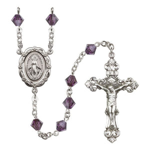 Sterling Silver Miraculous Medal Rosary with 6mm Austrian Crystal Beads