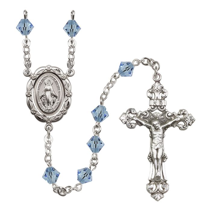 Sterling Silver Miraculous Medal Rosary with 6mm Austrian Crystal Beads