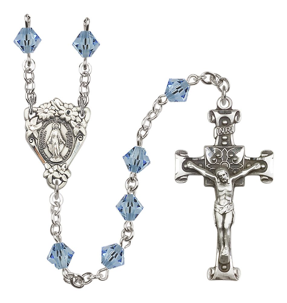 Sterling Silver Floral Miraculous Medal Rosary with 6mm Austrian Crystal