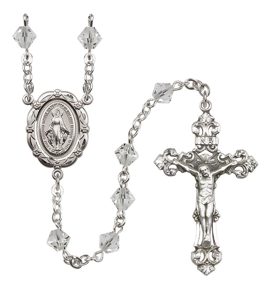 Sterling Silver Miraculous Medal Rosary with 6mm Austrian Crystal Beads
