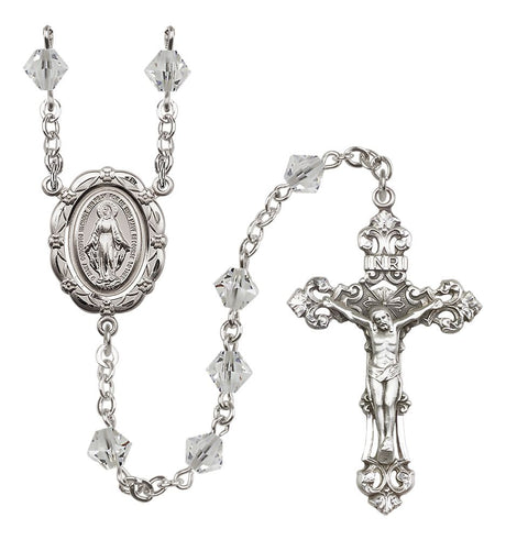 Sterling Silver Miraculous Medal Rosary with 6mm Austrian Crystal Beads