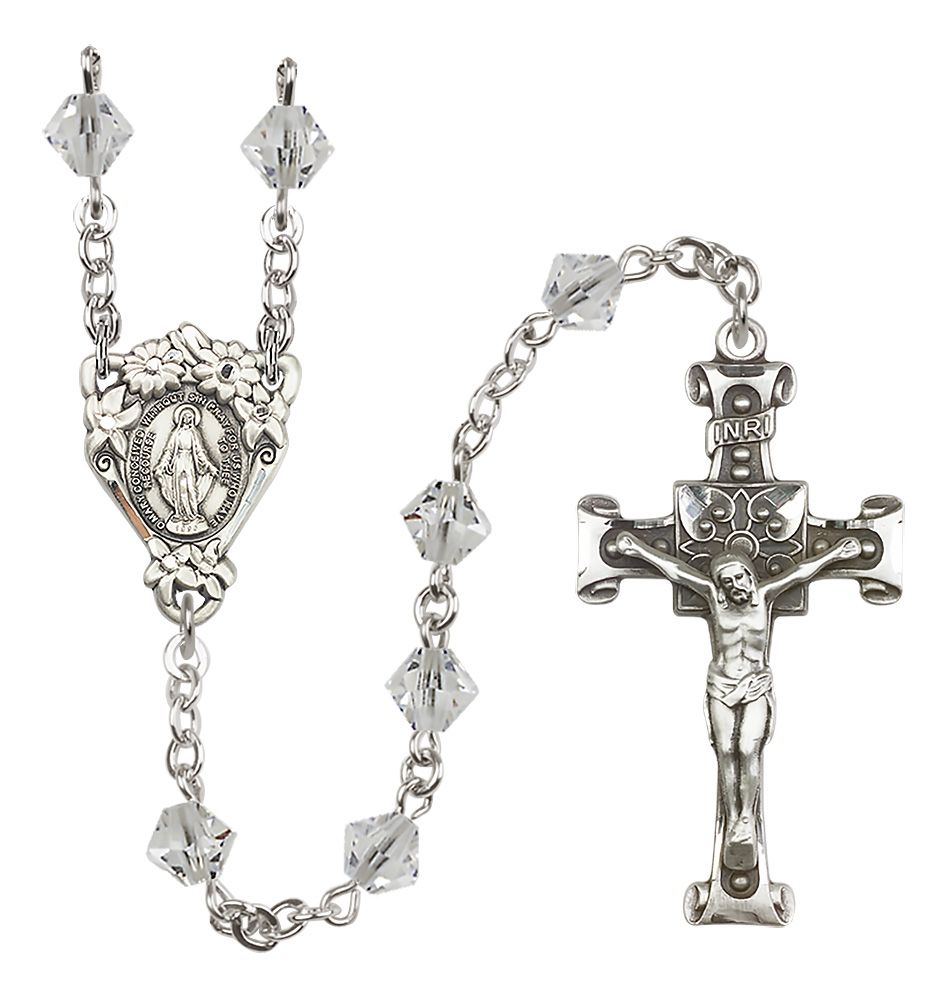 Sterling Silver Floral Miraculous Medal Rosary with 6mm Austrian Crystal